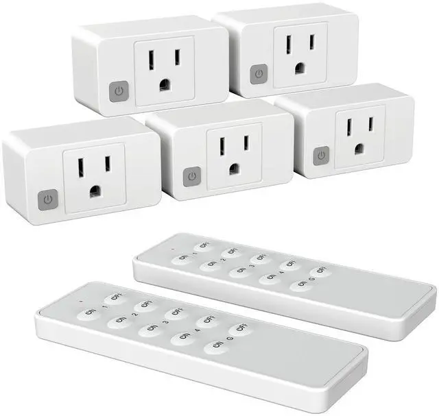 Main image of Wireless Remote Control Outlet Switch, Remote Plug Sockets 230ft RF Range, Remote Light Switch Kit for Household Appliances, 5 Outlets + 2 Remotes, 1800W, White