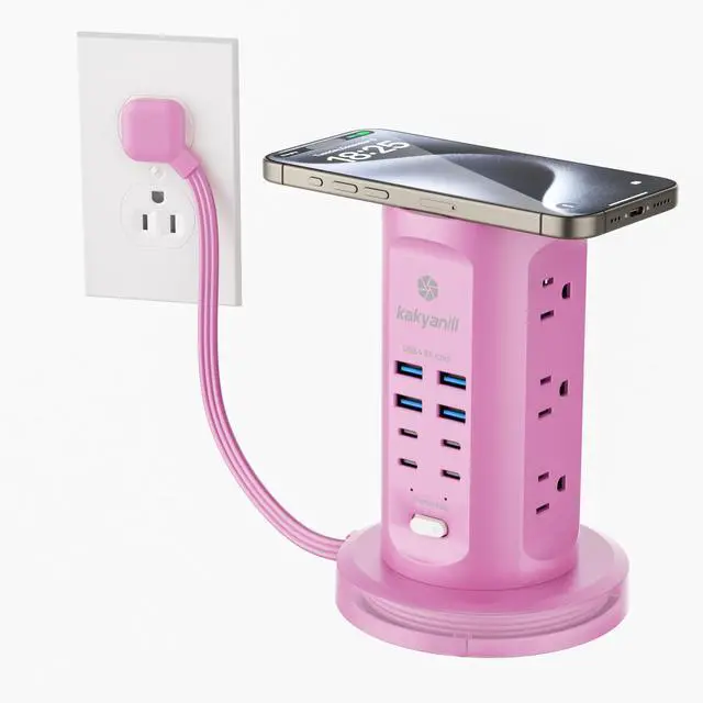 Main image of Power Strip Tower, Surge Protector Tower 9 AC Outlets 8 USB (4 USB C), 6 Ft Retractable Extension Cord, Charging Station for Office Dorm Room, Purple