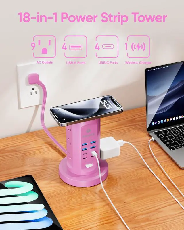 Alt view image 3 of 7 - Power Strip Tower, Surge Protector Tower 9 AC Outlets 8 USB (4 USB C), 6 Ft Retractable Extension Cord, Charging Station for Office Dorm Room, Purple