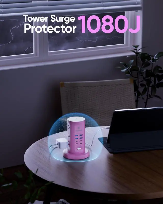 Alt view image 4 of 7 - Power Strip Tower, Surge Protector Tower 9 AC Outlets 8 USB (4 USB C), 6 Ft Retractable Extension Cord, Charging Station for Office Dorm Room, Purple