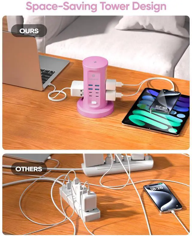 Alt view image 5 of 7 - Power Strip Tower, Surge Protector Tower 9 AC Outlets 8 USB (4 USB C), 6 Ft Retractable Extension Cord, Charging Station for Office Dorm Room, Purple