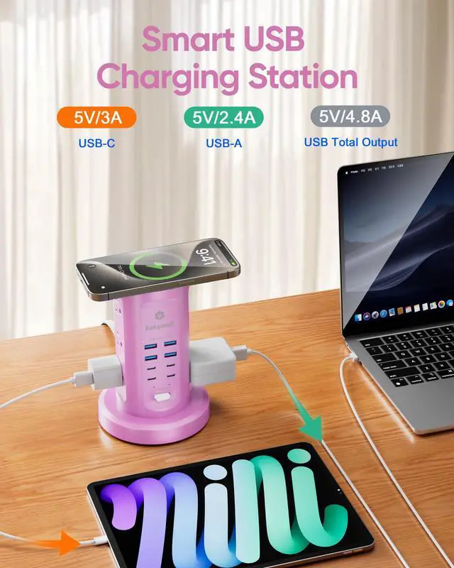 Alt view image 6 of 7 - Power Strip Tower, Surge Protector Tower 9 AC Outlets 8 USB (4 USB C), 6 Ft Retractable Extension Cord, Charging Station for Office Dorm Room, Purple