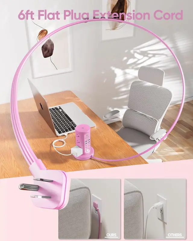 Alt view image 7 of 7 - Power Strip Tower, Surge Protector Tower 9 AC Outlets 8 USB (4 USB C), 6 Ft Retractable Extension Cord, Charging Station for Office Dorm Room, Purple