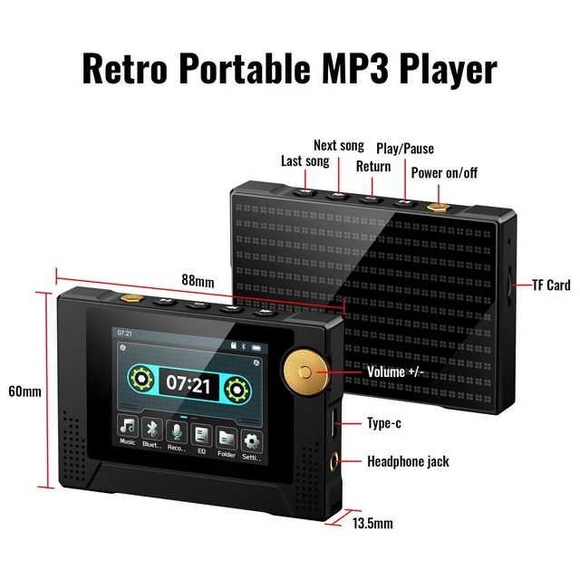 Alt view image 7 of 7 - 64GB 80s Retro MP3 Player with HD Speaker,MP3 Cassette Nostalgia Player,Dynamic Retro UI,Tape Drive Shape,Portable Bluetooth MP3 Music Player 50 Hours Long Battery Life, 2.4" Touchscreen (Black)