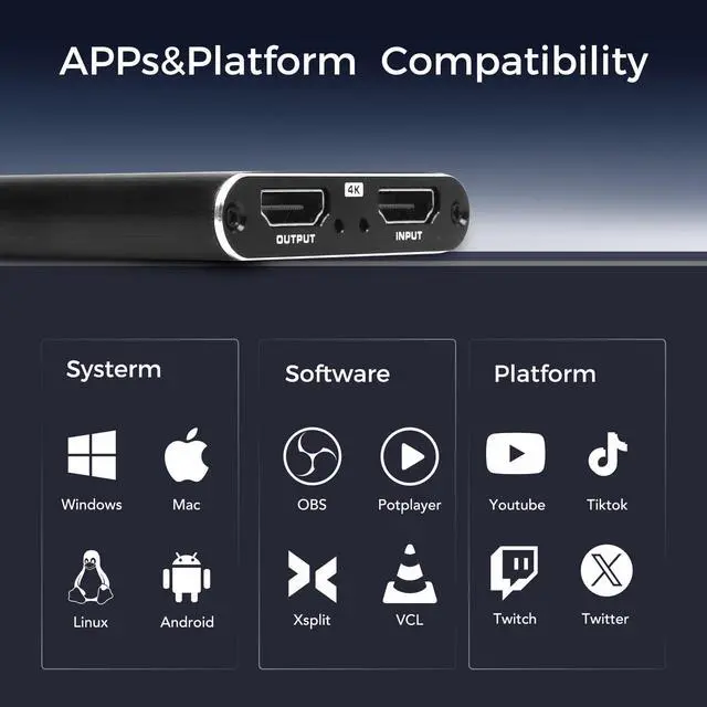 Alt view image 6 of 7 - 4K HDMI Capture Card for Streaming & Gaming, USB 3.0 Audio Video Capture Device 1080P 60FPS, Low Latency, HDMI Loop Out, Capture Card for PS5, Xbox, Nintendo Switch, PC, Mac, OBS - MSP231