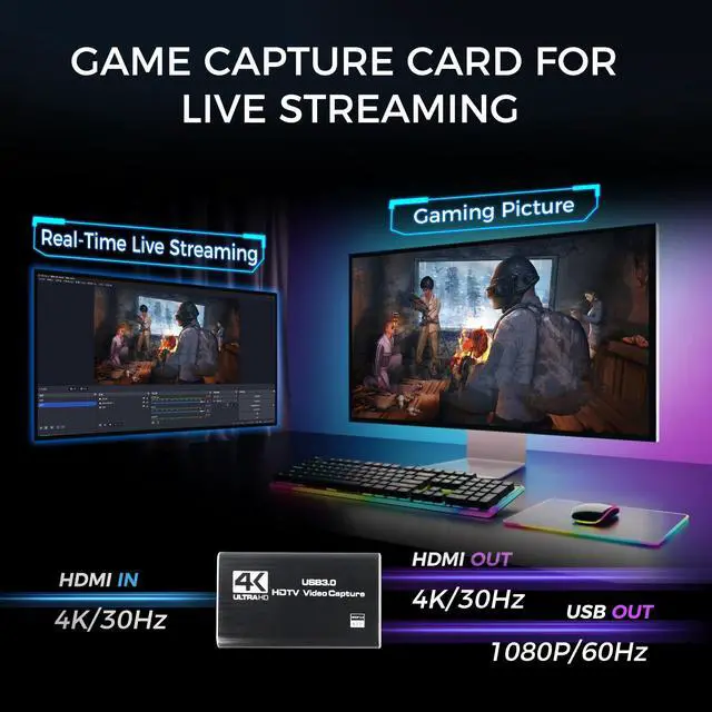 Alt view image 5 of 7 - 4K HDMI Capture Card for Streaming & Gaming, USB 3.0 Audio Video Capture Device 1080P 60FPS, Low Latency, HDMI Loop Out, Capture Card for PS5, Xbox, Nintendo Switch, PC, Mac, OBS - MSP231