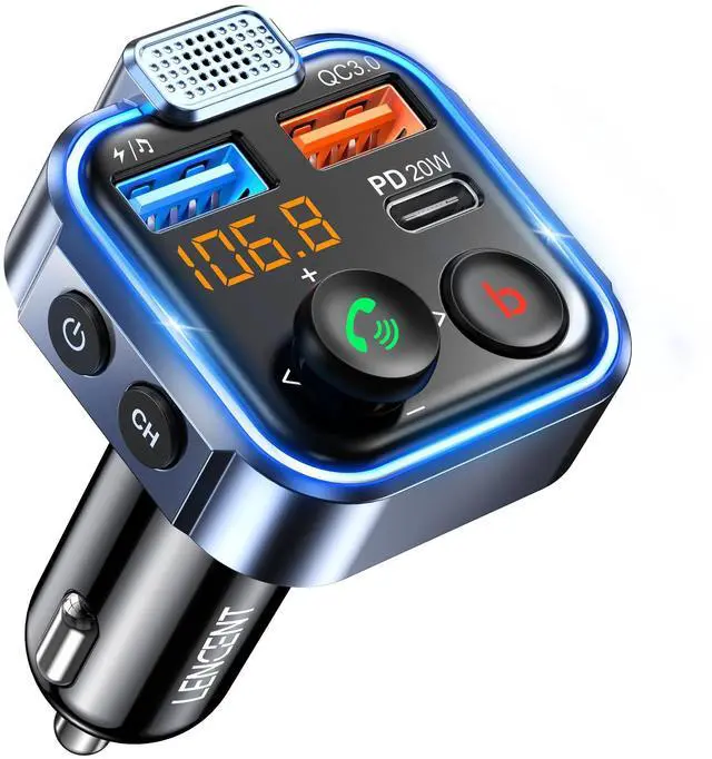 Main image of FM Transmitter in-Car Adapter, Type-C PD 20W+ QC3.0 Fast USB Charger, Wireless Bluetooth 5.3 Radio Car Kit, Hands-Free Calling, MP3 Player Receiver Hi Fi Bass, Support U Disk