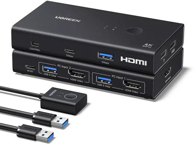 Main image of Switch 1 Monitor 2 Computers, 4K@60Hz with 4 USB 3.0 Ports KVM Switches for 2 Computers Share One HDMI Monitor Keyboard Mouse Hard Drives Webcam with 2 USB Cables, Controller