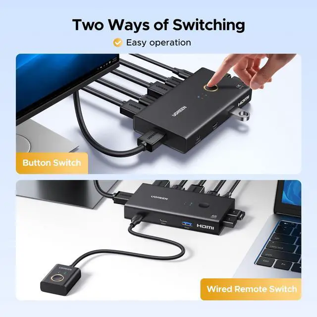 Alt view image 6 of 7 - Switch 1 Monitor 2 Computers, 4K@60Hz with 4 USB 3.0 Ports KVM Switches for 2 Computers Share One HDMI Monitor Keyboard Mouse Hard Drives Webcam with 2 USB Cables, Controller