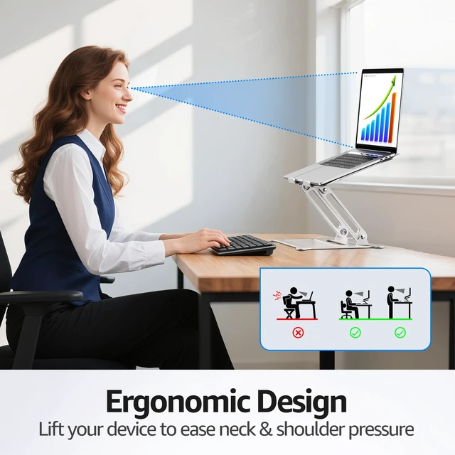 Alt view image 3 of 7 - Urmust Adjustable Laptop Stand for Desk, 10-15.6 Laptop Riser, Silver | Sturdy Aluminum Foldable Stand, Heat-Dissipation Design, Ergonomic Holder Fits MacBook/Dell/HP/Lenovo for Home/Office.