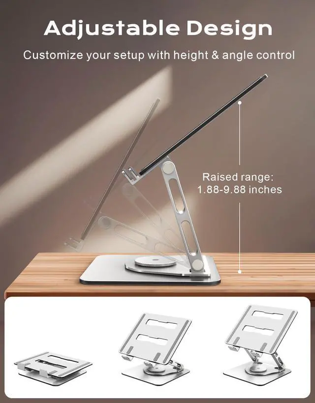 Alt view image 5 of 7 - 360° Rotatable Laptop Stand for Desk Adjustable Height, Ergonomic Laptop Riser Holder with Dual-bar Support, Portable Computer Notebook Stand for MacBook Air Pro, Dell XPS, HP (10-16")