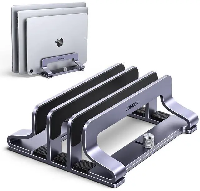 Main image of 3-Slot Vertical Laptop Stand Holder Desk Compatible with MacBook Pro Air Laptop Stand Desktop Adjustable, Lenovo Ideapad, Surface Book, HP Notebook, Dell Chromebook Up to 17.3 Inch, Space Gray