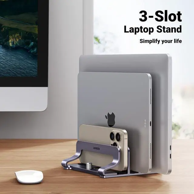 Alt view image 2 of 7 - 3-Slot Vertical Laptop Stand Holder Desk Compatible with MacBook Pro Air Laptop Stand Desktop Adjustable, Lenovo Ideapad, Surface Book, HP Notebook, Dell Chromebook Up to 17.3 Inch, Space Gray