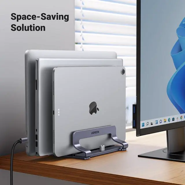 Alt view image 3 of 7 - 3-Slot Vertical Laptop Stand Holder Desk Compatible with MacBook Pro Air Laptop Stand Desktop Adjustable, Lenovo Ideapad, Surface Book, HP Notebook, Dell Chromebook Up to 17.3 Inch, Space Gray