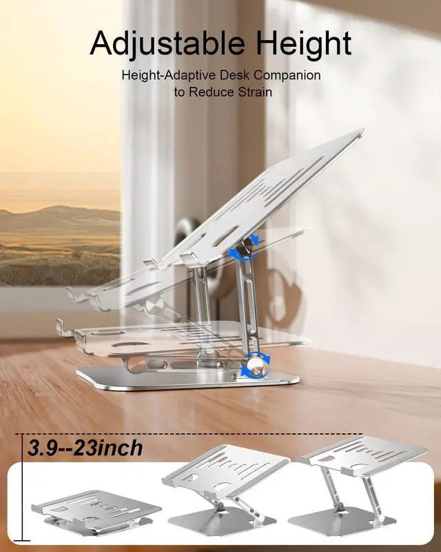 Alt view image 3 of 7 - Laptop Stand for Desk Adjustable Height Portable Laptop Riser Aluminum Laptop Stand for Desk Foldable with Ergonomic 10-17" Silver