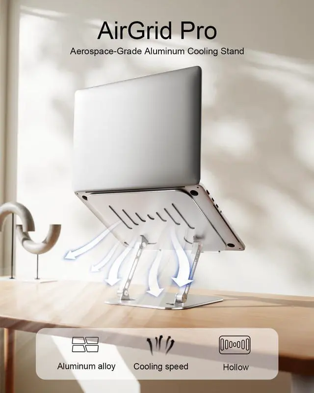 Alt view image 4 of 7 - Laptop Stand for Desk Adjustable Height Portable Laptop Riser Aluminum Laptop Stand for Desk Foldable with Ergonomic 10-17" Silver