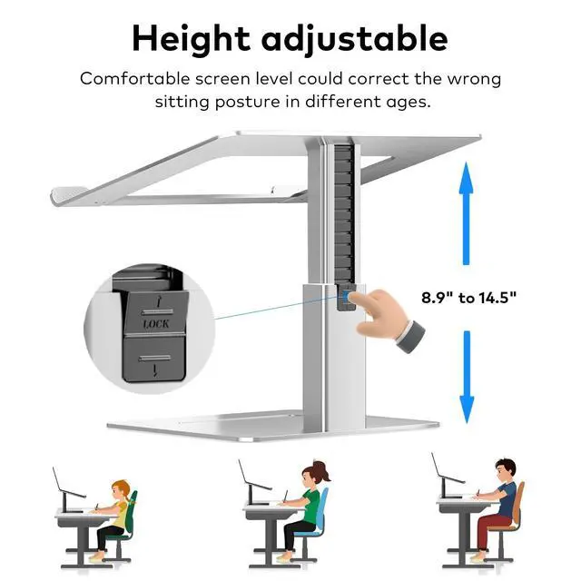 Alt view image 3 of 7 - Laptop Stand for Desk, Ergonomic Aluminum Laptop Stand Adjustable Height from 7-15", Sitting and Standing Laptop Riser for 10-17" Notebook