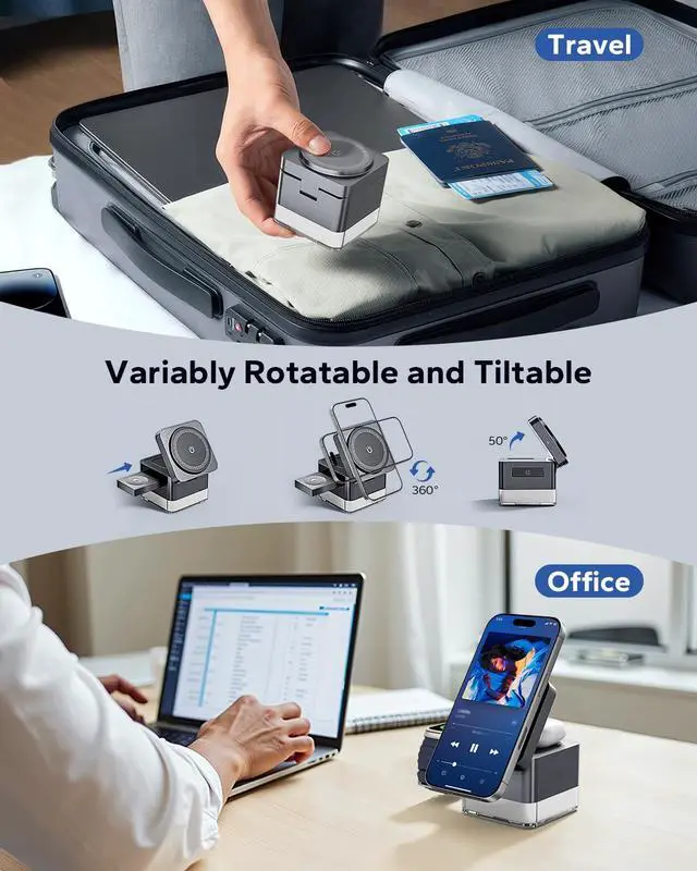 Alt view image 4 of 7 - for iPhone Nightstand Charging Station,15W 3 in 1 Wireless Phone Charger Stand with Night Lamp, Travel Foldable Magnetic Cube Magsafe Dock for iPhone 17 16 15 14 13 12 Series/Apple Watch/Airpods