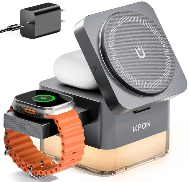 Main image of for iPhone Nightstand Charging Station,15W 3 in 1 Wireless Phone Charger Stand with Night Lamp, Travel Foldable Magnetic Cube Magsafe Dock for iPhone 17 16 15 14 13 12 Series/Apple Watch/Airpods