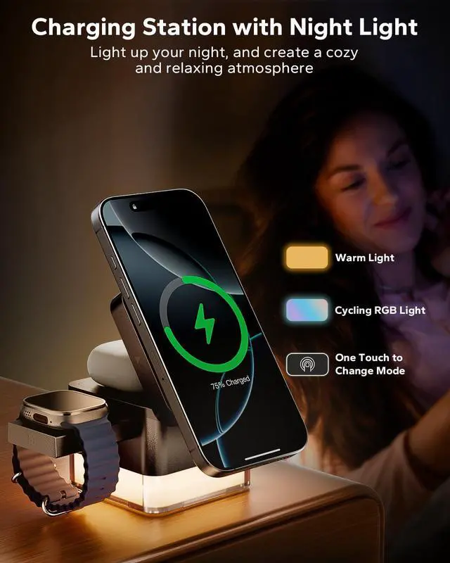 Alt view image 3 of 7 - for iPhone Nightstand Charging Station,15W 3 in 1 Wireless Phone Charger Stand with Night Lamp, Travel Foldable Magnetic Cube Magsafe Dock for iPhone 17 16 15 14 13 12 Series/Apple Watch/Airpods