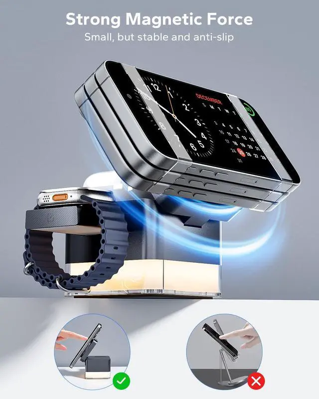 Alt view image 6 of 7 - for iPhone Nightstand Charging Station,15W 3 in 1 Wireless Phone Charger Stand with Night Lamp, Travel Foldable Magnetic Cube Magsafe Dock for iPhone 17 16 15 14 13 12 Series/Apple Watch/Airpods