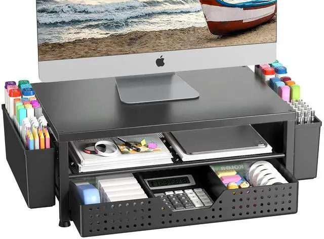 Main image of Wood Monitor Stand Riser, Laptop Stand for Desk, Office Desk Organizer and Accessories, Computer Desktop Shelf with Drawer and Pen Holder, Printer Stand for Home, Office, Dorm (Black Wood)