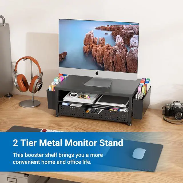 Alt view image 2 of 7 - Wood Monitor Stand Riser, Laptop Stand for Desk, Office Desk Organizer and Accessories, Computer Desktop Shelf with Drawer and Pen Holder, Printer Stand for Home, Office, Dorm (Black Wood)