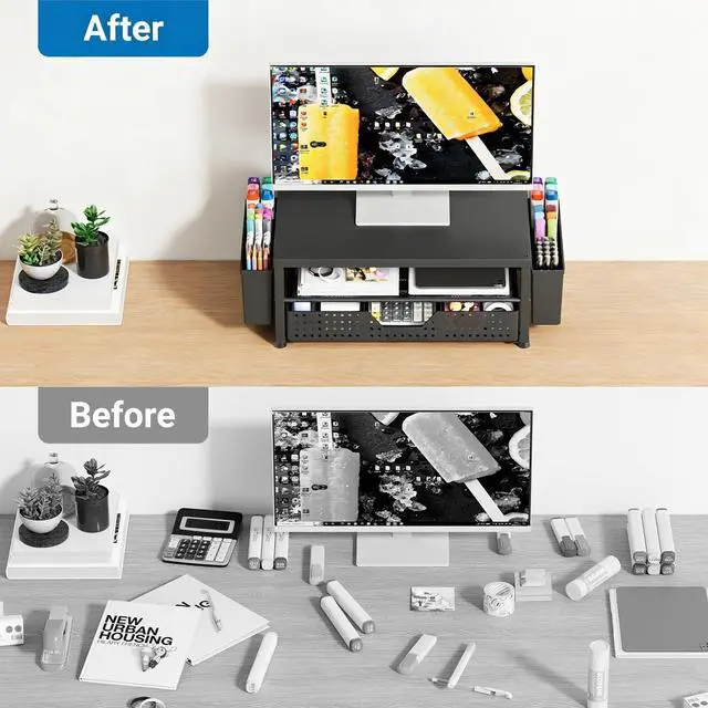 Alt view image 5 of 7 - Wood Monitor Stand Riser, Laptop Stand for Desk, Office Desk Organizer and Accessories, Computer Desktop Shelf with Drawer and Pen Holder, Printer Stand for Home, Office, Dorm (Black Wood)