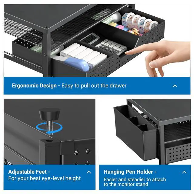 Alt view image 6 of 7 - Wood Monitor Stand Riser, Laptop Stand for Desk, Office Desk Organizer and Accessories, Computer Desktop Shelf with Drawer and Pen Holder, Printer Stand for Home, Office, Dorm (Black Wood)