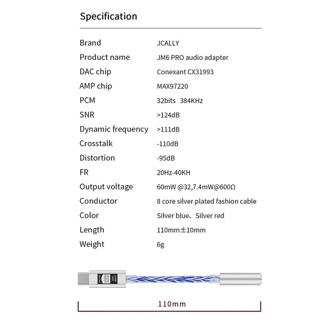 Alt view image 7 of 7 - JCALLY JM6 Pro USB C Type-C to 3.5mm Dual DAC CX31993 MAX97220 Digital Audio Portable decoding amp HiFi DAC Mobile Headset Adapter (Silver Red)