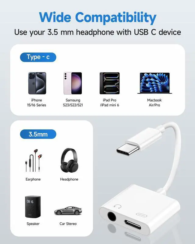 Alt view image 6 of 7 - USB C to 3.5mm Headphone and Charger Adapter, Type C to Aux Jack Dongle Cable Cord with PD Fast Charging for iPhone 15/16/17 Pro/Max/Plus, iPad, Samsung Galaxy S22/S23/S24 Ultra, Note 20(5-Pack)
