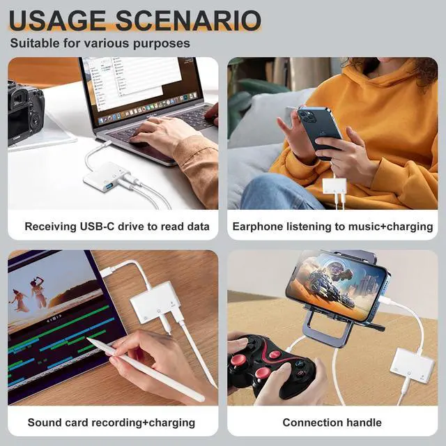 Alt view image 5 of 7 - Aux to USB C to USB Adapter, 3-in-1 USB OTG Adapter with USB C to 3.5mm Audio Adapter and 60W PD Fast Charging Port, Compatible with iPhone15/16/17, iPadPro, MacBook, Galaxy S23 and More