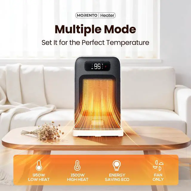 Alt view image 4 of 7 - Space Heater, 70° Oscillation, LED Display, 12H Timer, Thermostat, Overheat Protection, ECO, Small Space Heaters for Indoor Use, 1500W Ceramic, Heater for Bedroom, Office, Home (White, 1 Pack)