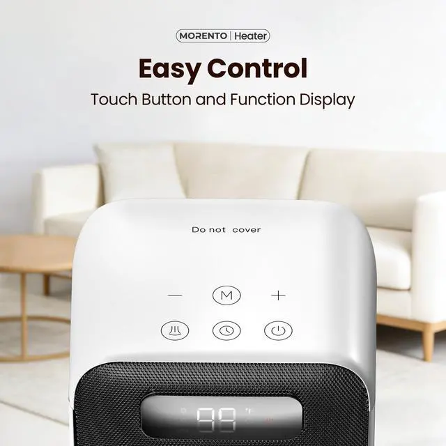 Alt view image 7 of 7 - Space Heater, 70° Oscillation, LED Display, 12H Timer, Thermostat, Overheat Protection, ECO, Small Space Heaters for Indoor Use, 1500W Ceramic, Heater for Bedroom, Office, Home (White, 1 Pack)