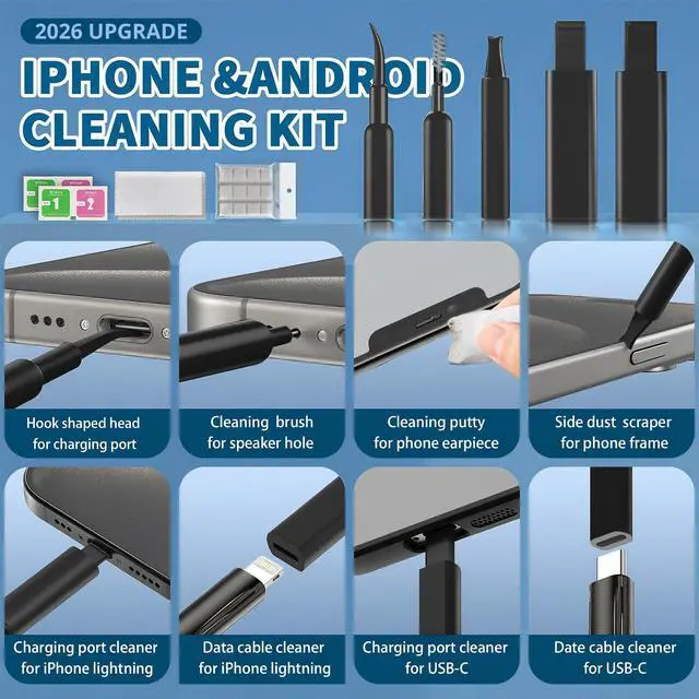 Alt view image 2 of 7 - 2026 Upgrade Phone Cleaning Kit 47PCS, iPhone Cleaning Kit, Airbuds AirPods Cleaning Kit, Keyboard, Charging Port Cleaner for Apple Lightning/Android USB-C - Includes Putty, Cloth & Wipes (Black)