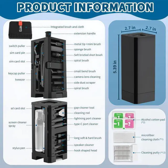 Alt view image 7 of 7 - 2026 Upgrade Phone Cleaning Kit 47PCS, iPhone Cleaning Kit, Airbuds AirPods Cleaning Kit, Keyboard, Charging Port Cleaner for Apple Lightning/Android USB-C - Includes Putty, Cloth & Wipes (Black)