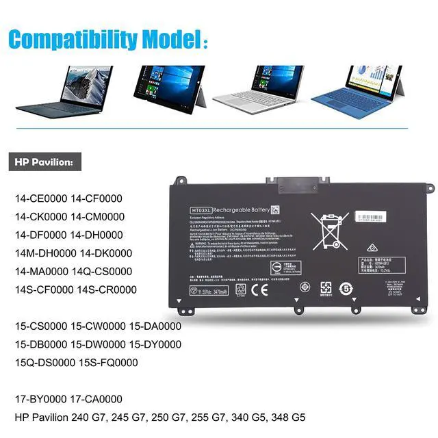 Alt view image 2 of 6 - HT03XL Battery for HP Pavilion 14 14-CE 14-CF 14-CM 14M-DH 14-DQ 14-FQ:14m-dh1003dx 14-dq0040nr 14-cf2112wm cf1015cl 15-CW 15-DA 15-DB 15-DW 15-EF 17-BY 17-CA HSTNN-DB8R DB8S IB80 IB8O LB8L LB8M UB7J