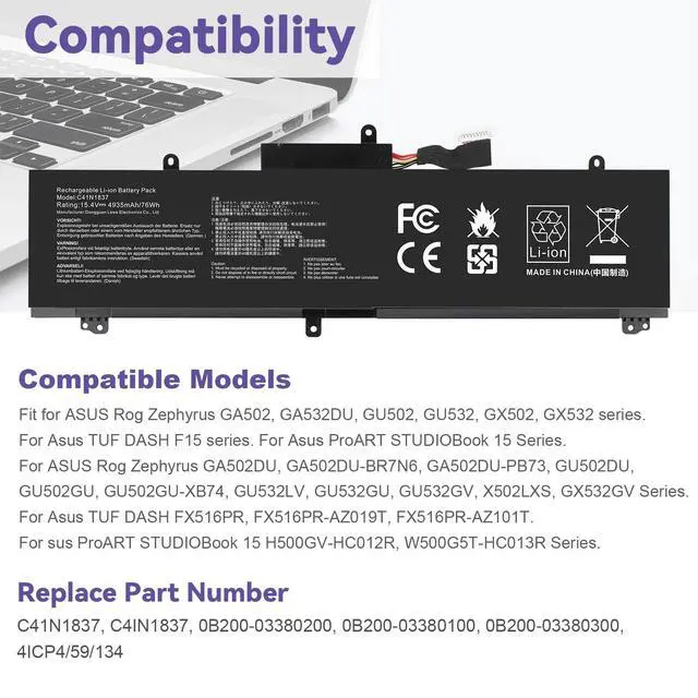 Alt view image 6 of 7 - C41N1837 Laptop Battery for ASUS ROG Zephyrus G15 GA501I GA502 GA502D GA502DU GA502GU GA502IV GU502 GU502DU GX502GW GX532GV GU532GW GU502LU GU502LW GU502LV GX502LXS GX502GV GX502GW 0B200-03380100