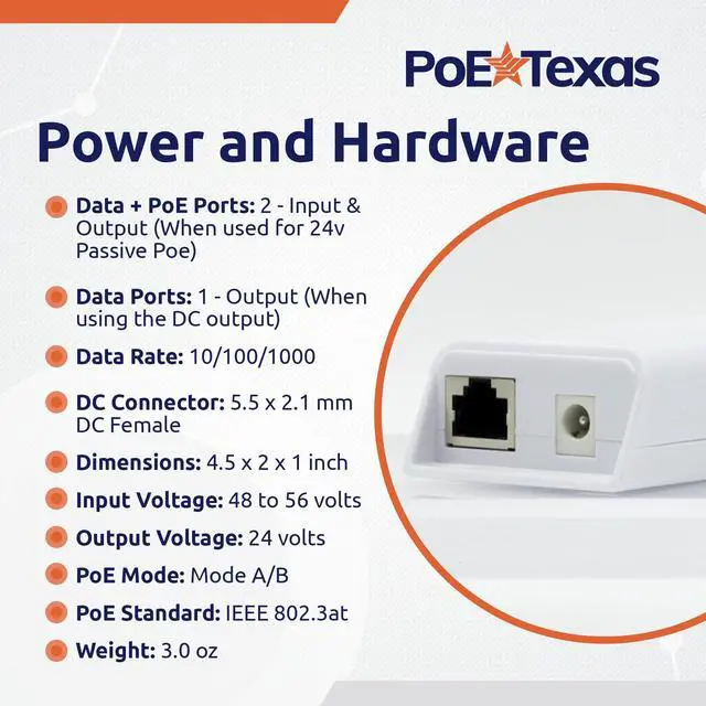 Alt view image 6 of 6 - 48v to 24v PoE Converter - Inline PoE Splitter with 24 Volt 25 Watt PoE or DC - Converts IEEE 802.3at PoE+ to 24V Passive PoE or 24V DC Output with Gigabit Data for Ubiquiti and Mikrotik
