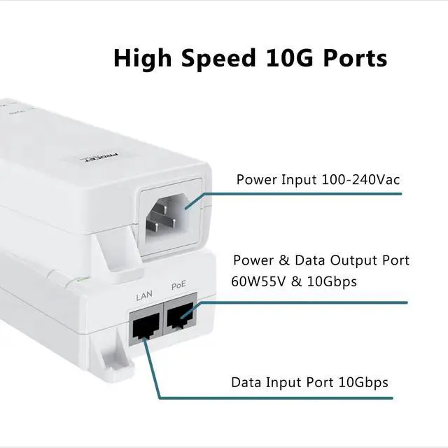 Alt view image 2 of 5 - 10Gbps PoE++ Injector 60W IEEE802.3bt/at/af Compliant, Supplies 15.4W or 30W or 60W Power Over Ethernet Distances Up to 328ft, PoE Injector Adapter for Camera/Access Point, EN60GB-10