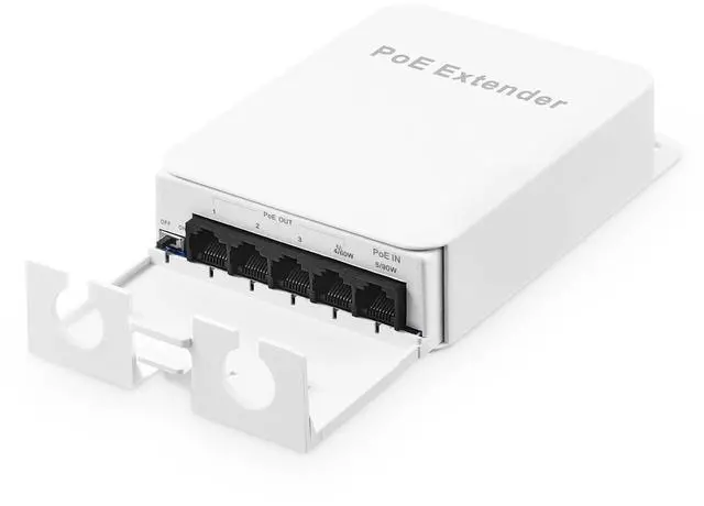 Main image of Outdoor PoE Passthrough Switch, 1 POE in 4 POE Extender, IEEE802.3af/at/bt Powered 90W, 100Mbps Ethernet, Wall Mount Waterproof Plug and Play