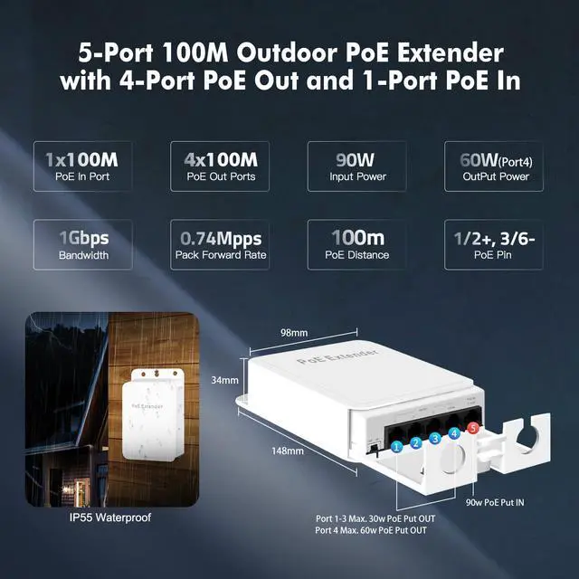Alt view image 6 of 7 - Outdoor PoE Passthrough Switch, 1 POE in 4 POE Extender, IEEE802.3af/at/bt Powered 90W, 100Mbps Ethernet, Wall Mount Waterproof Plug and Play