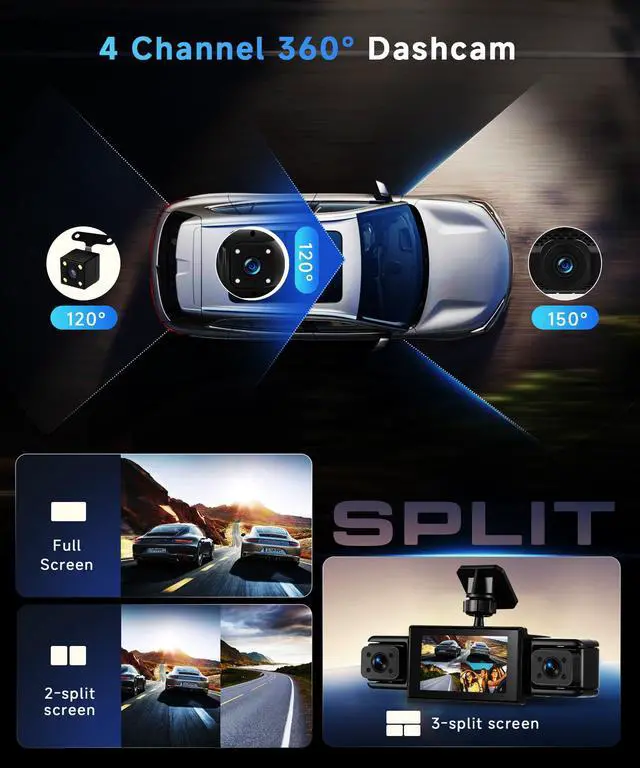 Alt view image 2 of 7 - 360° Dash Cam Front and Rear Inside Left Right, 4 Channel FHD 1080P Dash Cam for Cars, 3 Inch IPS Dashcams with Night Vision, Loop Recording, 24H Parking Mode Monitor, Reverse View