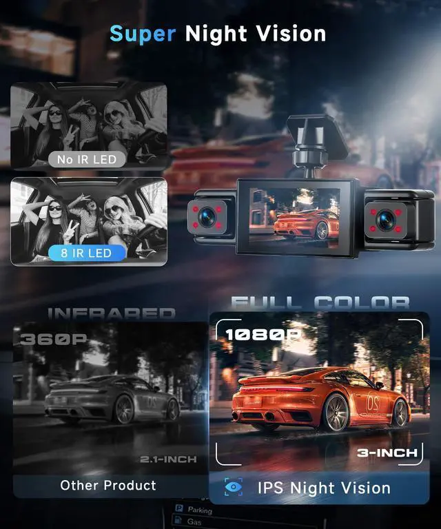 Alt view image 4 of 7 - 360° Dash Cam Front and Rear Inside Left Right, 4 Channel FHD 1080P Dash Cam for Cars, 3 Inch IPS Dashcams with Night Vision, Loop Recording, 24H Parking Mode Monitor, Reverse View