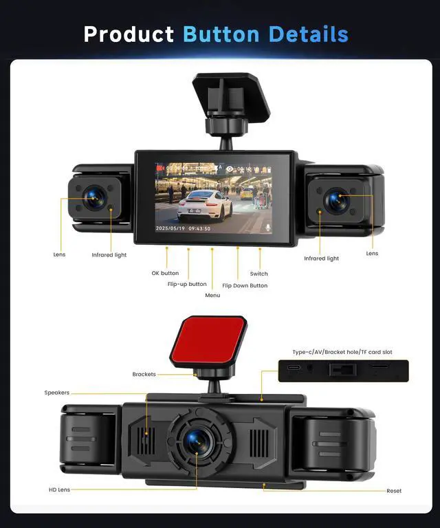 Alt view image 7 of 7 - 360° Dash Cam Front and Rear Inside Left Right, 4 Channel FHD 1080P Dash Cam for Cars, 3 Inch IPS Dashcams with Night Vision, Loop Recording, 24H Parking Mode Monitor, Reverse View