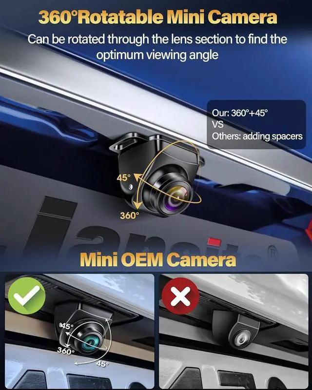Alt view image 5 of 7 - Upgrade 180°Wide Angle Backup Camera AHD 1080P Back up Camera for Cars Super Night Vision 360° Rotatable Front/Side/Rear View Camera IP69K Waterproof Reverse Camera No-drillling Install