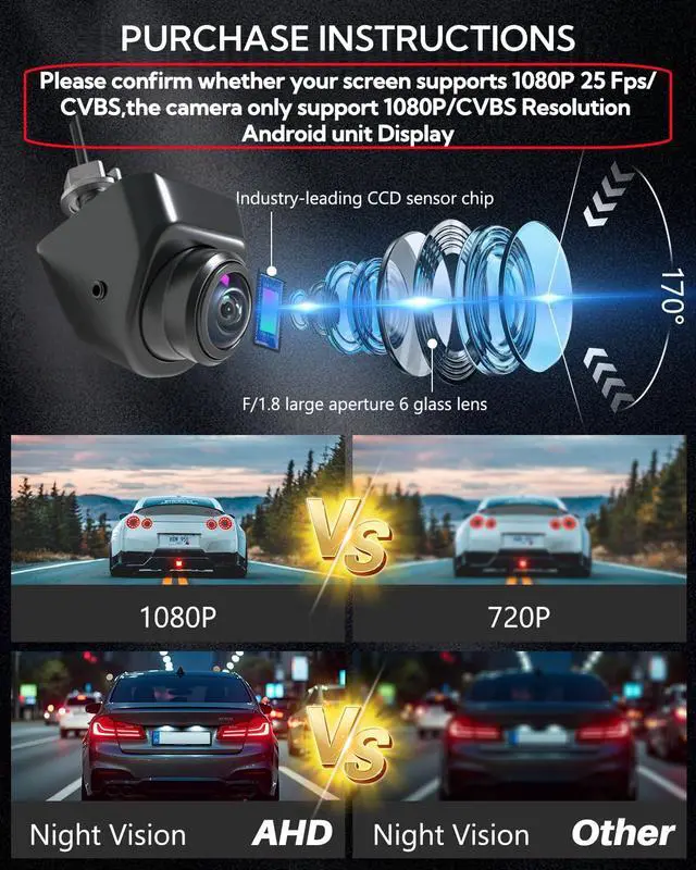 Alt view image 2 of 7 - 1080P AHD Backup Camera for Cars 3 DIY Switchesw 360°+45° Rotatable 170° Wide Angle Rear Camera Clear Night Vision Front/Side/Rear View Camera IP68K Waterproof Reverse Camera Fisheye Lens (6m cable)