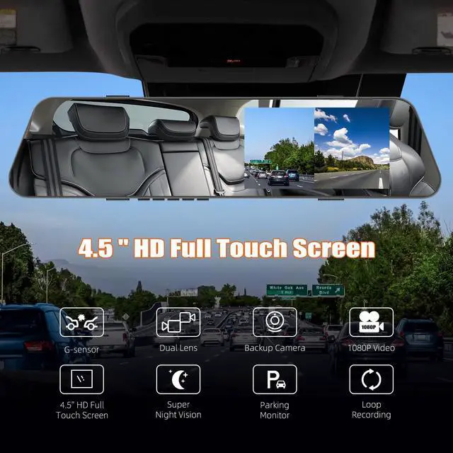 Alt view image 2 of 7 - Mirror Dash Cam for Cars,4.5 Inch Rear View Mirror 1080P Front and Rear View Dual Cameras,Super Night Vision,Parking Assistance,24H Parking Monitor,Waterproof Backup Camera
