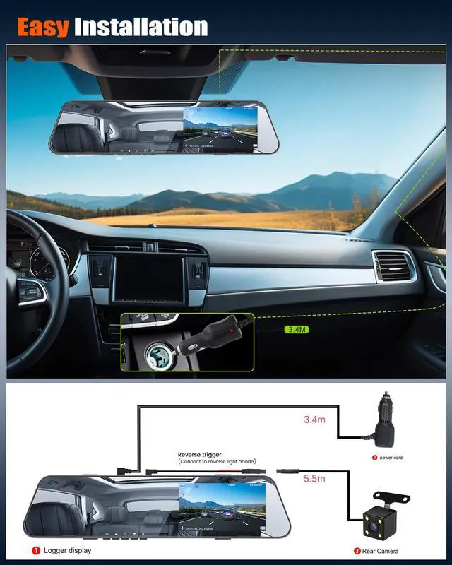 Alt view image 7 of 7 - Mirror Dash Cam for Cars,4.5 Inch Rear View Mirror 1080P Front and Rear View Dual Cameras,Super Night Vision,Parking Assistance,24H Parking Monitor,Waterproof Backup Camera