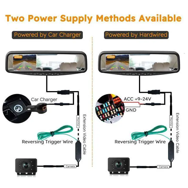 Alt view image 5 of 7 - Backup Camera for car 1080P HD Wired Kit, Continuous or Reverse Viewing, 4.3'' Clip-on Mirror Monitor with Waterproof Night Vision Car Rear View License Plate Camera for Car Pickup Truck SUV Trailer